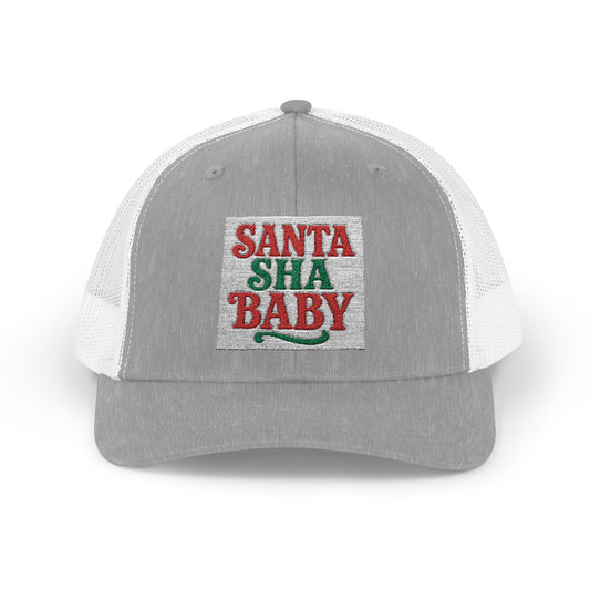 Santa Sha Baby Trucker Cap — Holiday Snapback Hat with Red Script
