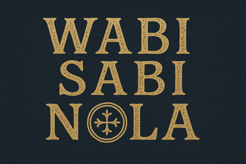 lemondade farmhouse font to write out Wasbi Sabi NOLA with nay background and gold lettering. Make the O in NOLA a solar cross