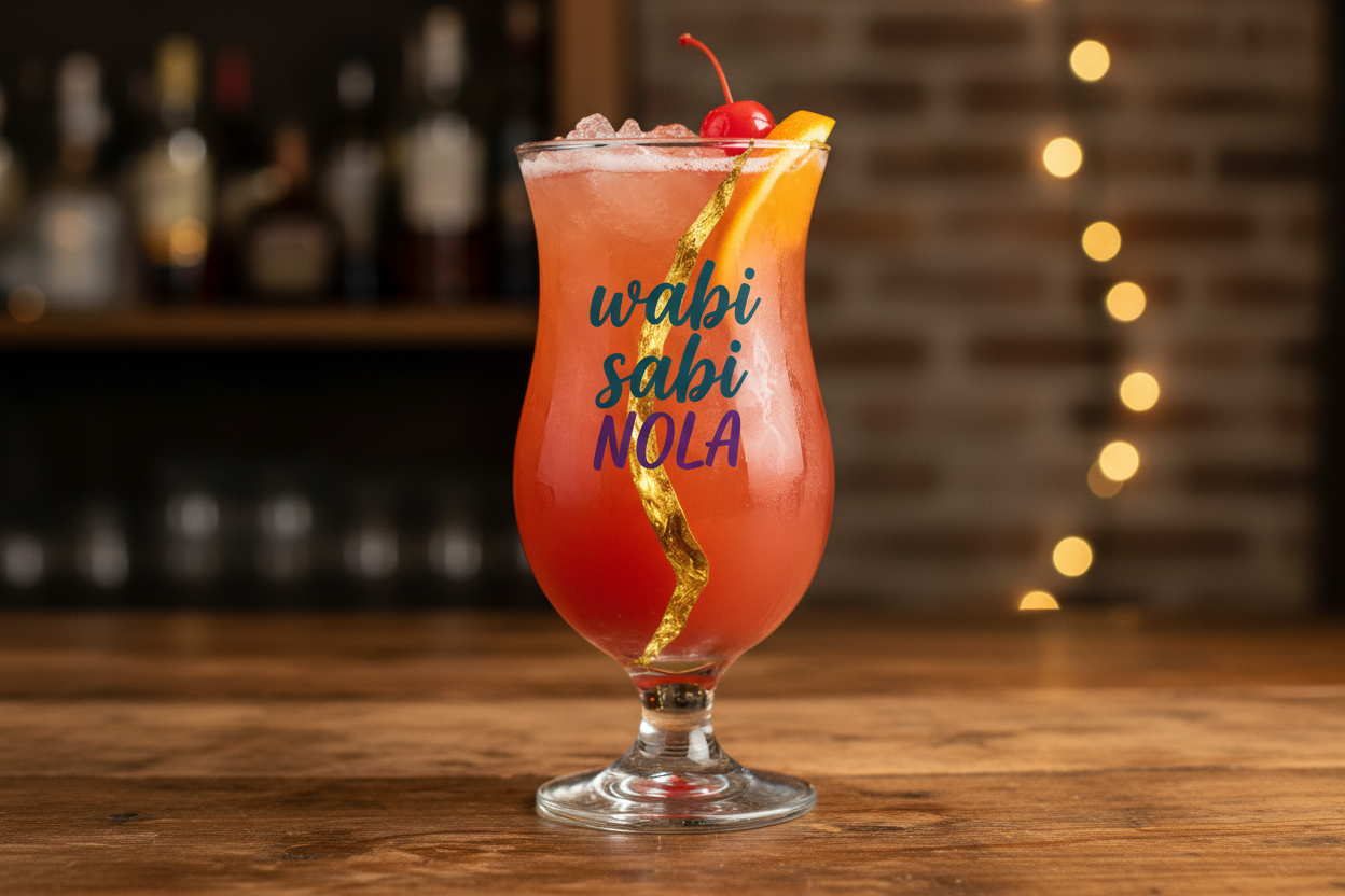 New Orleans hurricane in glass with a verticle crack in the glass filled with gold. wabi sabi NOLA on the glass in complimentary colors