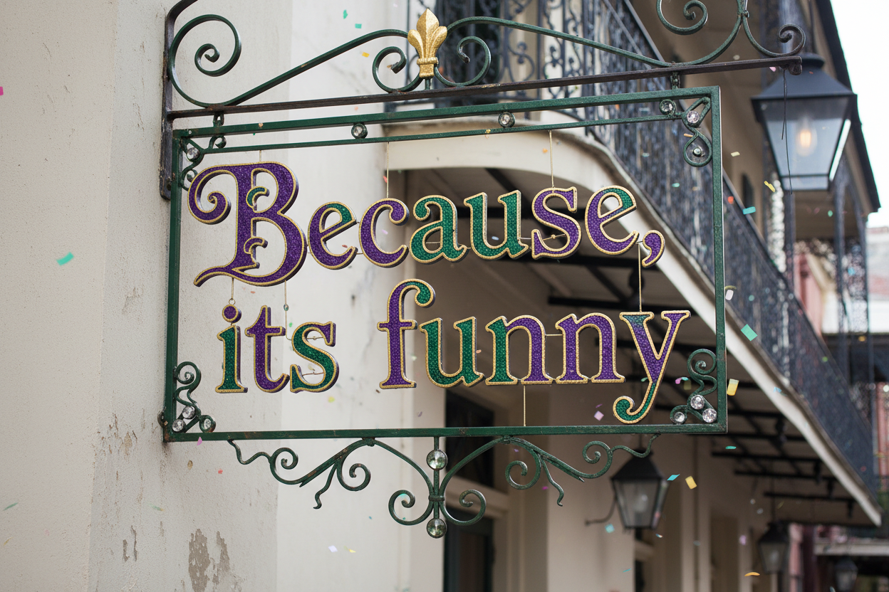 write out Because, its funny in New Olreans inspired lettering